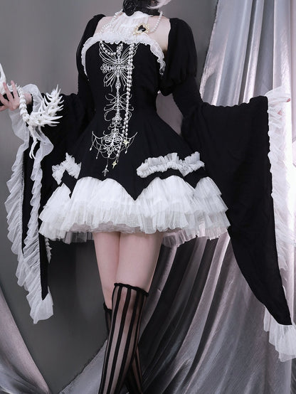 Black / Red / Blue Wide Bell Sleeves