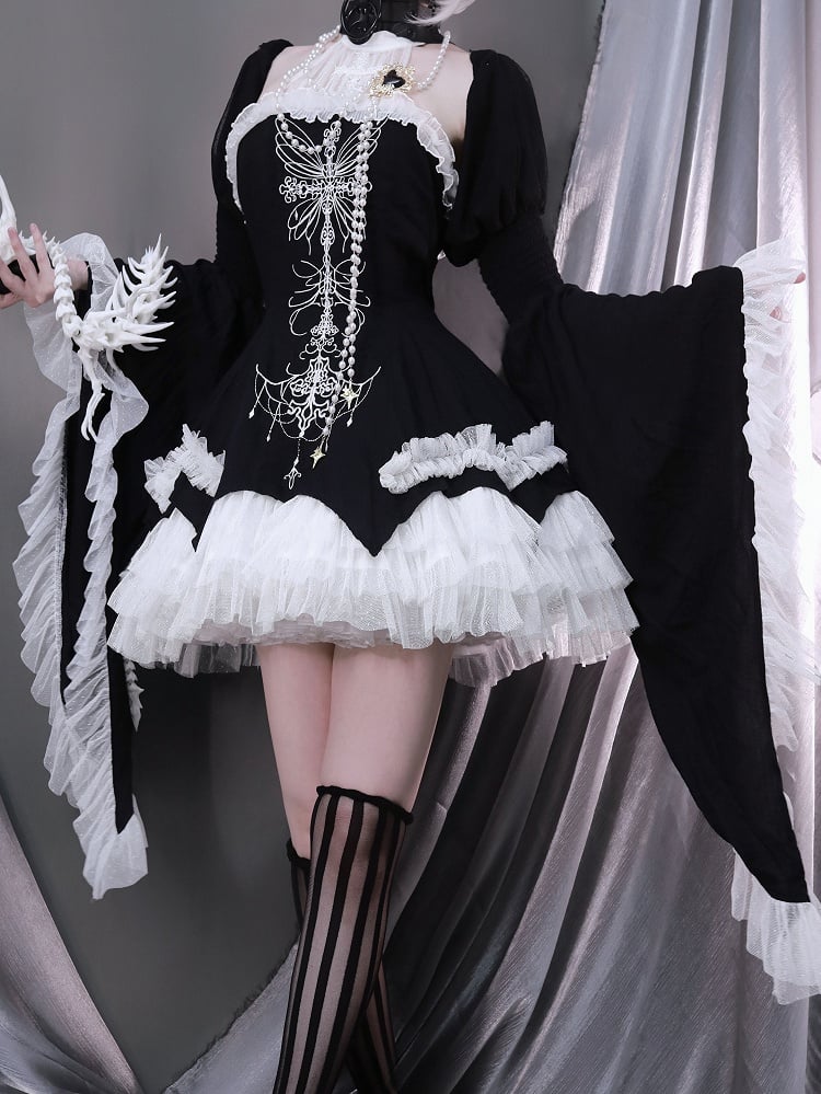 Black Cross Illusion Halter Neck Witch Lolita Backless Dress Gothic JSK Halloween Outfit