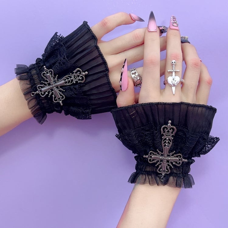 Black Gothic Cross Decorated Lace Trim Wrist Cuffs