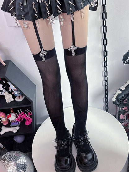 Black/White Y2K Gyaru Fashion Cross Decorated Suspender Stockings