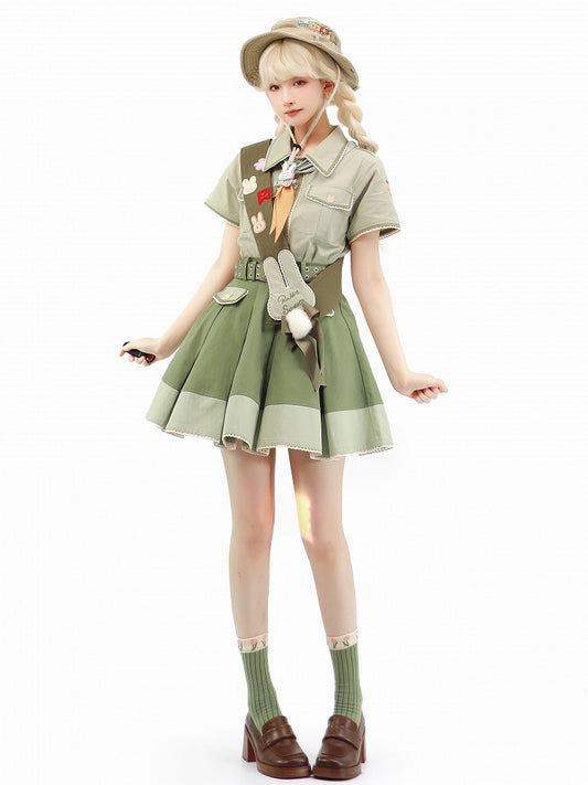 Cute Bunny Green Shirt with Carrot Tie + Skirt with Waist Belt and Plush Tail