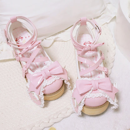 Polished Pink Bunny Ear Bowknot Old School Sweet Lolita Platforms