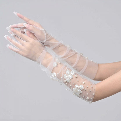 Artificial Pearls and Sea Shells Decorated White Tulle Gloves