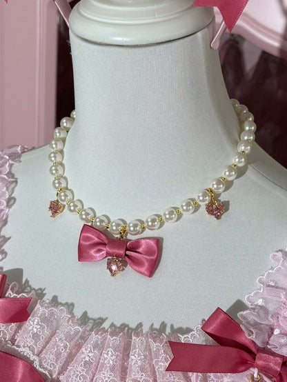 Pink/Wine Red Heart And Bowknot Pendant Beaded Neckalce