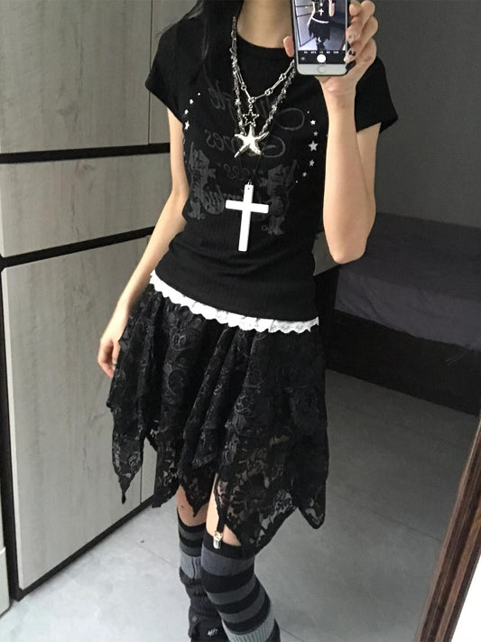 Black Alt Everyday T-shirt with Lace Trim
