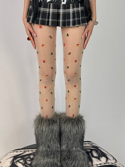 White/Purple/Gray Christmas Print Design Tights