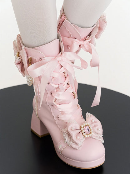 PU Pink Sweet Lolita Mid-Calf Boots - Crystal & Bead Decor Bow with Lace-Up & Inner Zip