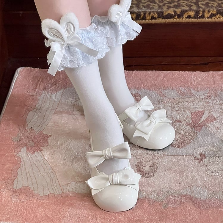 Beige Bow Accents Point Toe Sweet Lolita Block Heels