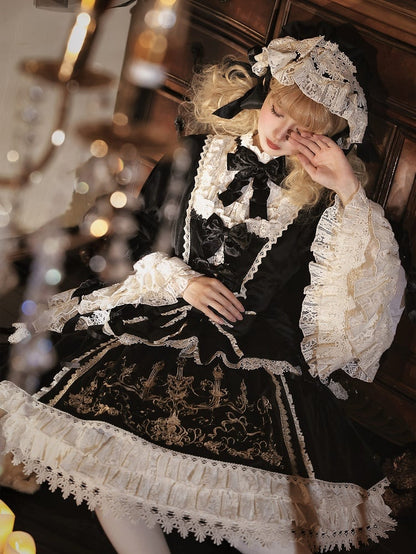 Candle and Candlestick Embroidery Black Bell Sleeves Velvet Dress Lolita OP / Set