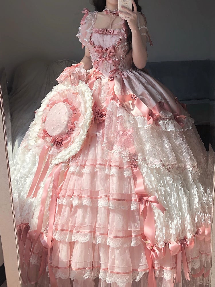 Pink Hanayome Lolita Hime Wedding Dress with Corset Waist and Rose Bow Accents Long Version