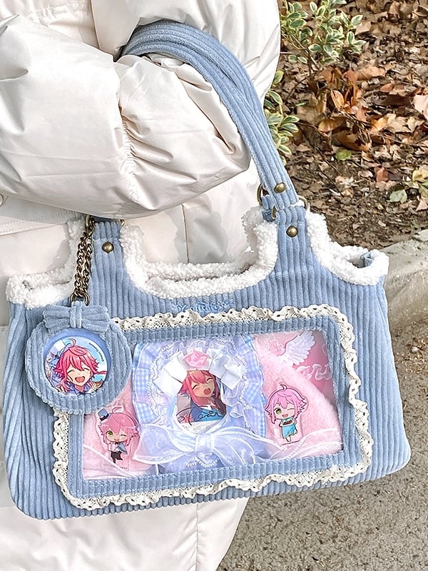 Corduroy Lace Trim Blue Daily Ita bag - Comes with Card Holder Charm