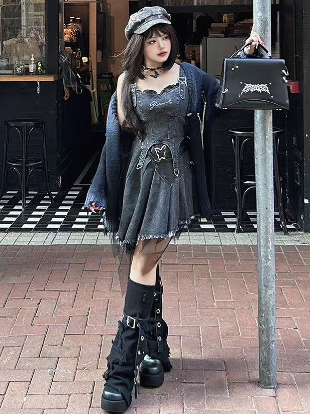 Plus Size Y2K Dark Grey Asymmetrical Hem High Waist Denim Skirt with Free Belts