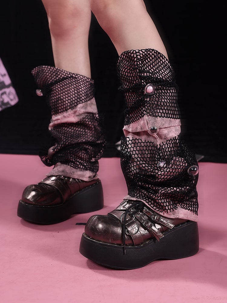 Punk Black and Pink Mesh Patch Denim Leg Sleeves