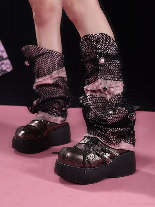 Punk Black and Pink Mesh Patch Denim Leg Sleeves