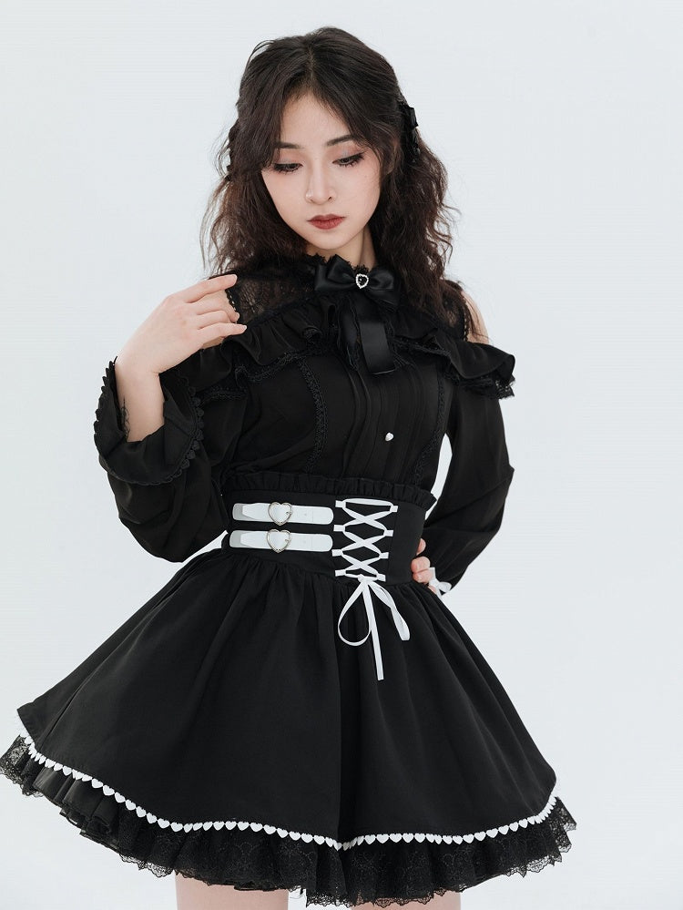 Jirai Kei Buckles and Lace-up High Waist Black Skirt US Size