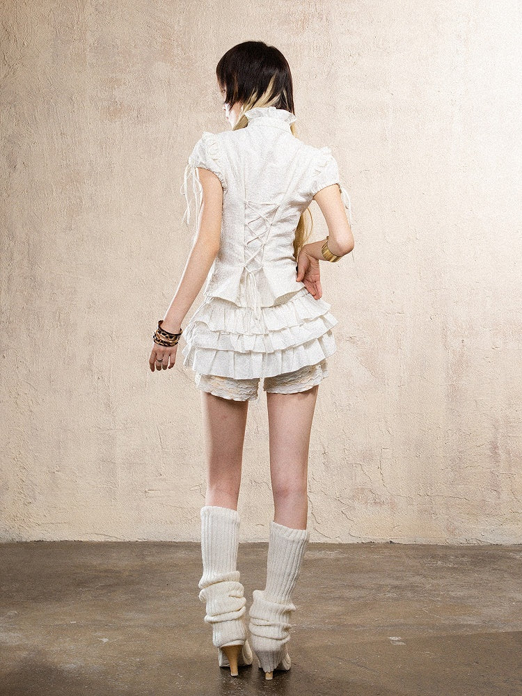 Y2K Gyaru Fashion White Short Puff Sleeve Leopard Print Punk Top with Ruffle Trim & Back Crisscross Tie