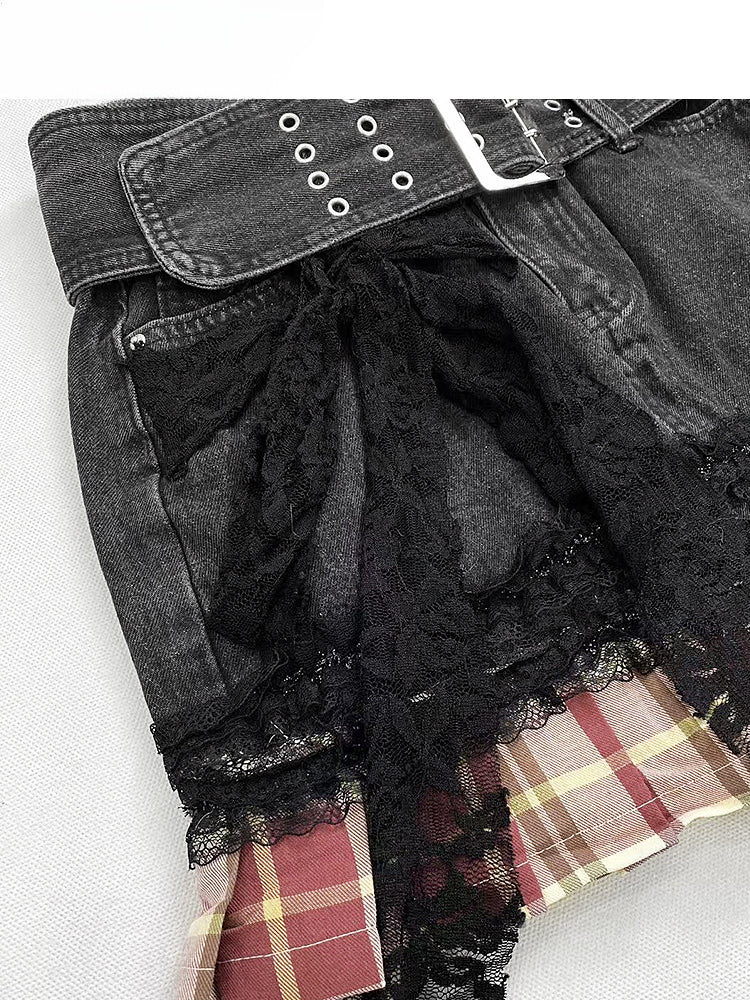 Y2K Red Plaid Pattern Hem Black Denim Skirt+Buckle Strap Leg Warmers