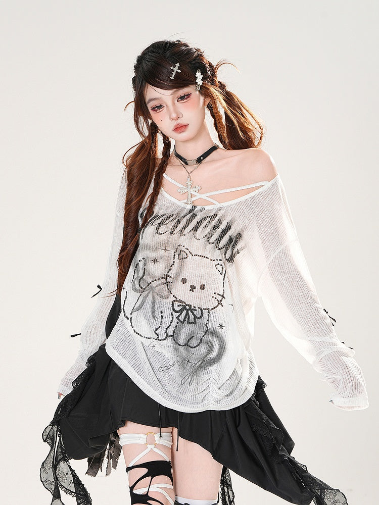 Black/White Asymmetrical Neckline Kitty Print Semi-sheer Coverup