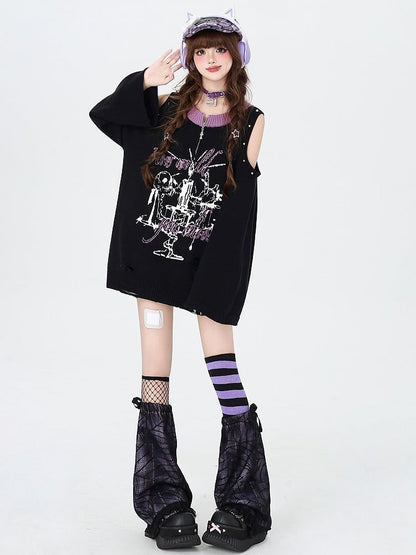 Black Punk Cutout Shoulder Distressed Sweater with Studs