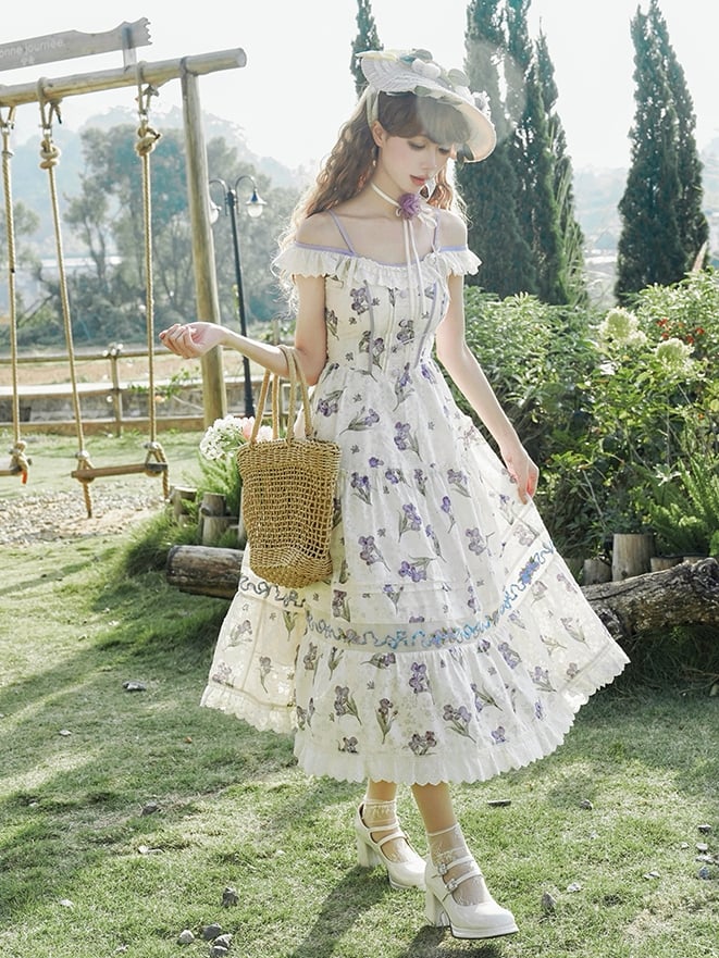 Purple Iris Embroidery Beige Off-the-shoulder Neckline Jumper Skirt