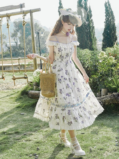 Purple Iris Embroidery Beige Off-the-shoulder Neckline Jumper Skirt