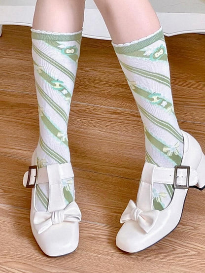 Green Apple Bowknot Print Striped Pattern Lolita Calf Socks