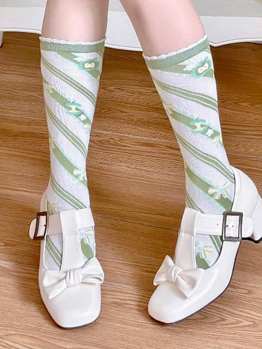 Green Apple Bowknot Print Striped Pattern Lolita Calf Socks