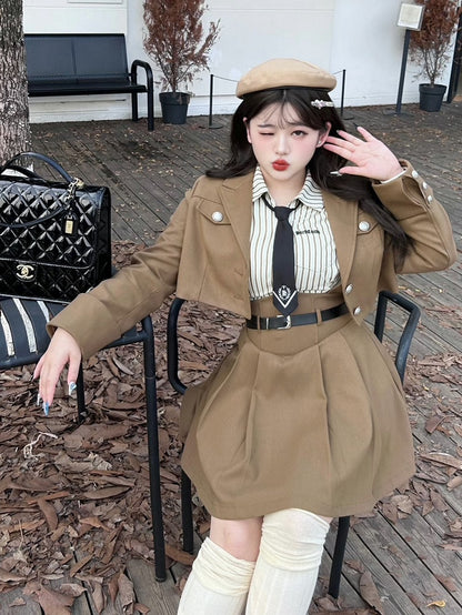 Plus Size - Coffee Preppy High Waist Overalls Suspender Skirt