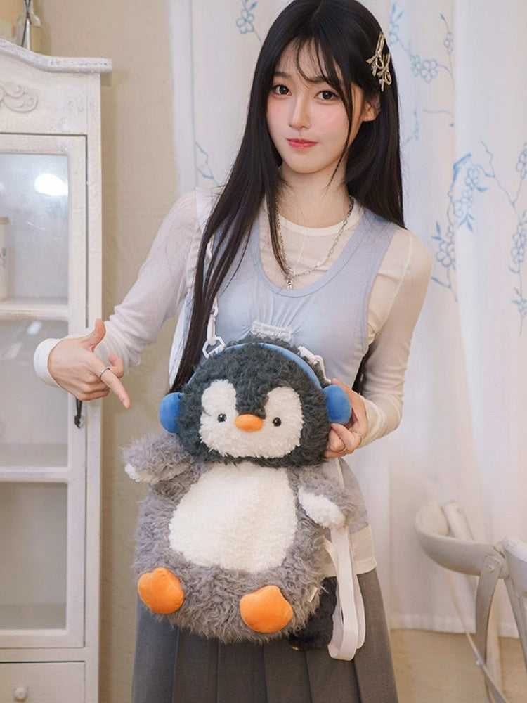 Gray Cute Plush Penguin Backpack