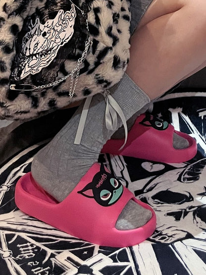 Pink Gothic Summer Slippers With Black Pink and Green Cat Applique