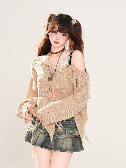 Khaki Asymmetrical Neckline and Hem Distressed Holes Wasteland Punk Knitted Top
