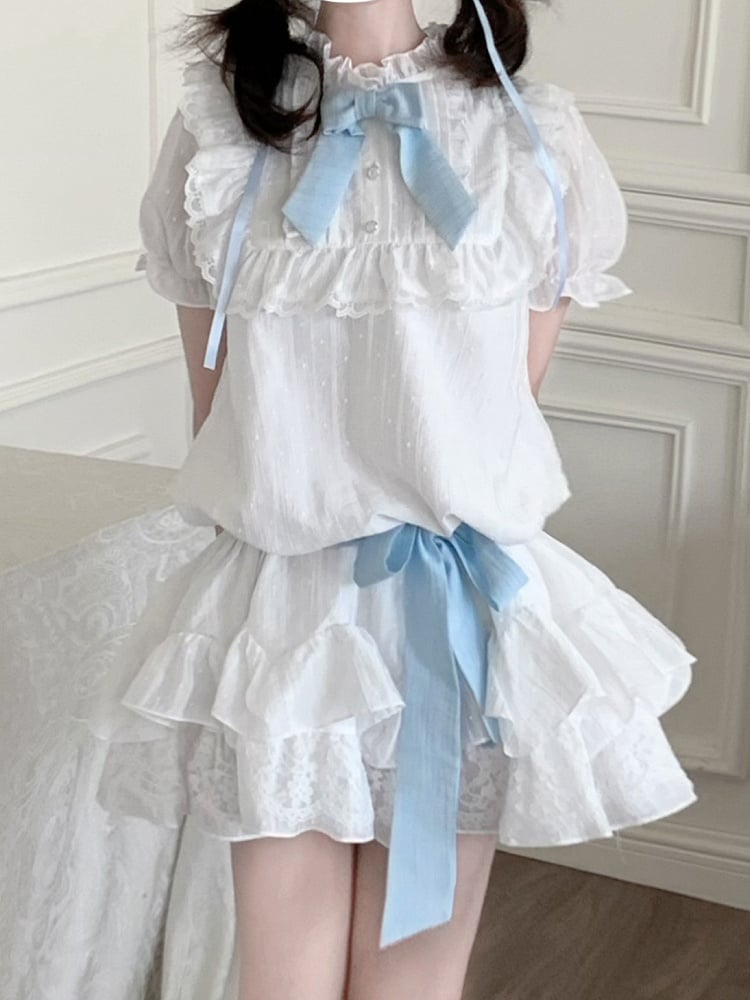 White Ruffle Neckline Lace Trim Puff Sleeves Dress with Blue Bowtie and Waist Belt