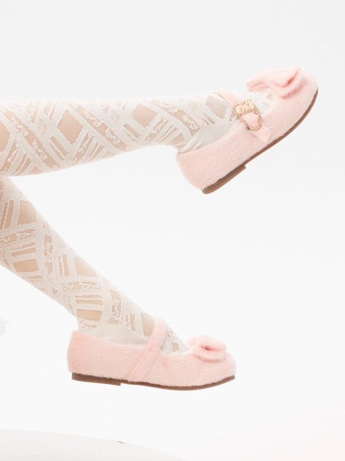 Plush Sweet Pink Flat Shoes for Lolita with Decorative Bow & Hugging Bear Clasps - Regular/Thicken Version