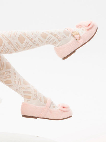 Plush Sweet Pink Flat Shoes for Lolita with Decorative Bow & Hugging Bear Clasps - Regular/Thicken Version