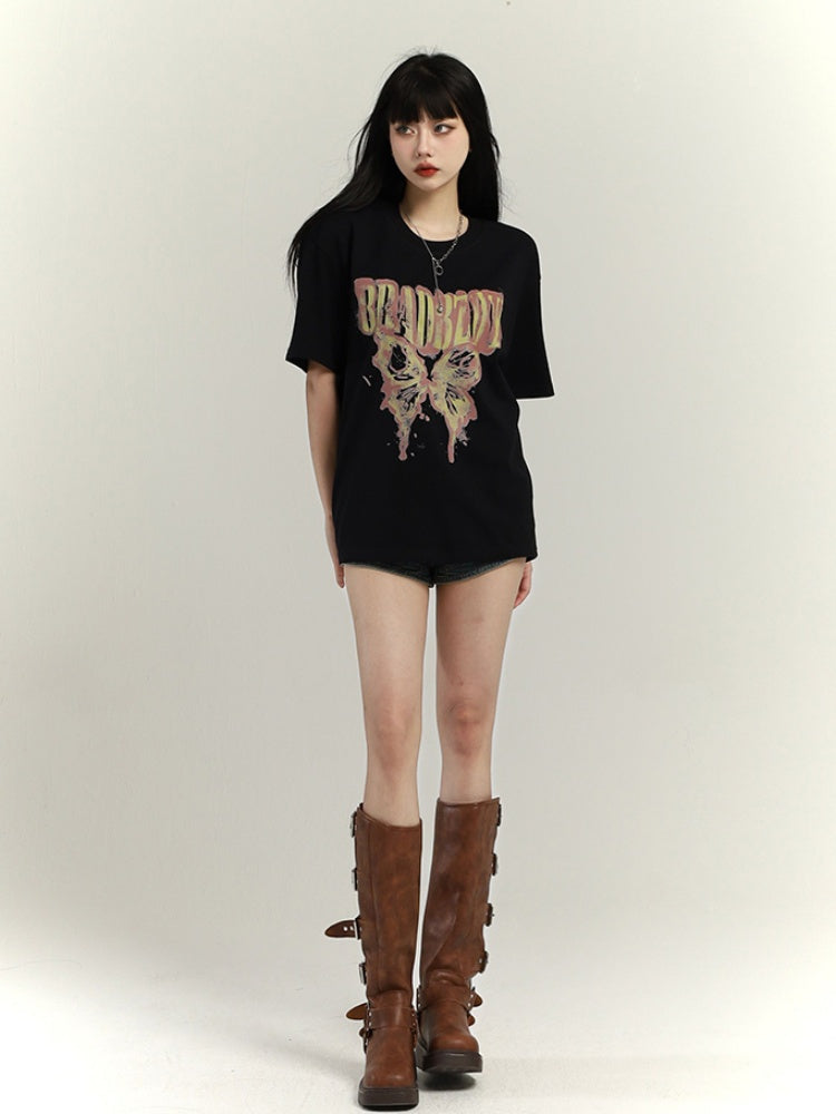 Dark Gray/Brown/Black/White Butterfly Print Vintage Loose T-Shirt