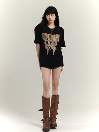 Dark Gray/Brown/Black/White Butterfly Print Vintage Loose T-Shirt