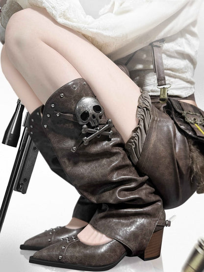 Brown Pointed Toe Gothic Block Heels with Skeleton Decorated Leg Warmers