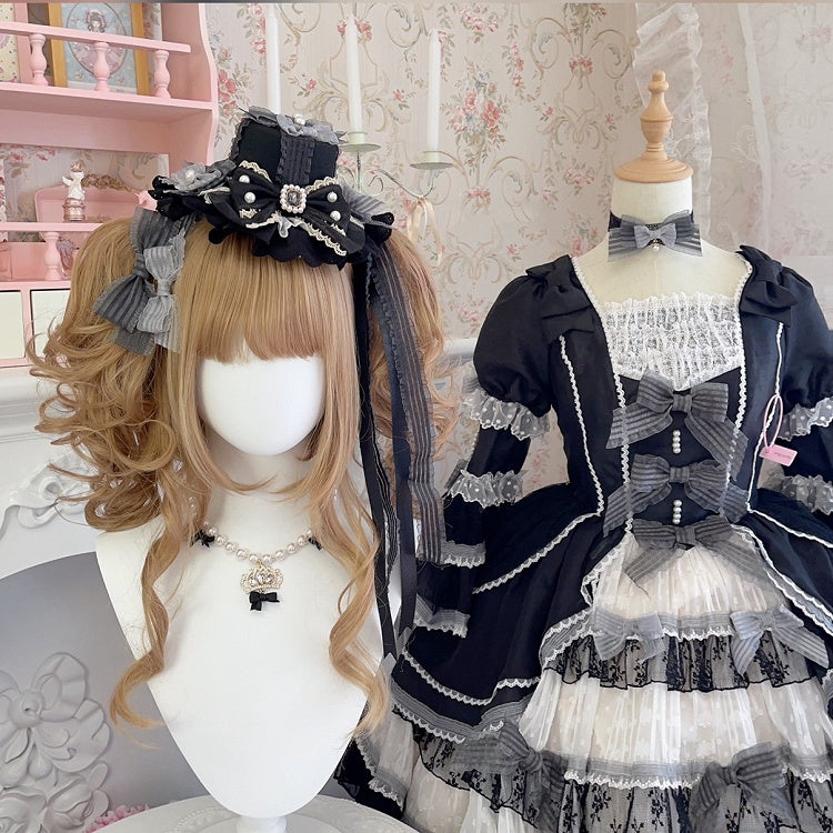 Beads and Bowknots Black and Gray Gothic Mini Hat