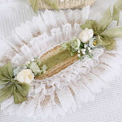 Gorgeous Country Lolita Floral Lace - Trimmed Straw Bonnet with Green Bowknot Decoration