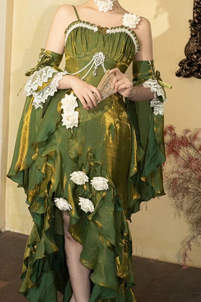 Clearance-Size XL for Bust 94CM Green Evening Gown Rosette Mermaid Dress with Detachable Flounce Sleeves