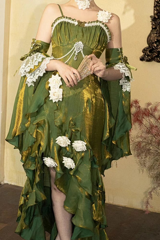 Clearance-Size XL for Bust 94CM Green Evening Gown Rosette Mermaid Dress with Detachable Flounce Sleeves