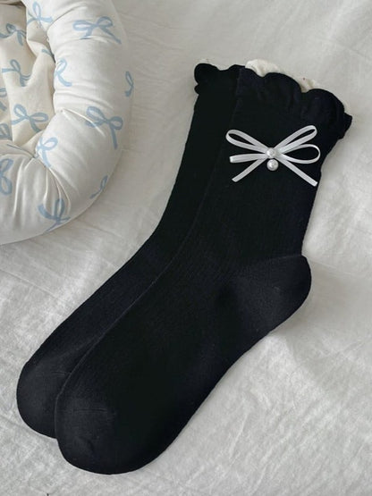 White/Black/Blue/Gray/Dark Gray Lolita Bowknot Details Ruffled Cuff Calf Socks
