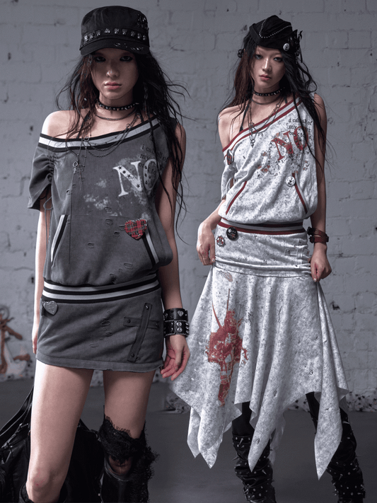Asymmetrical Neckline Gray/White Wasteland Punk Distressed Dress with Detachable Handkerchief Hem