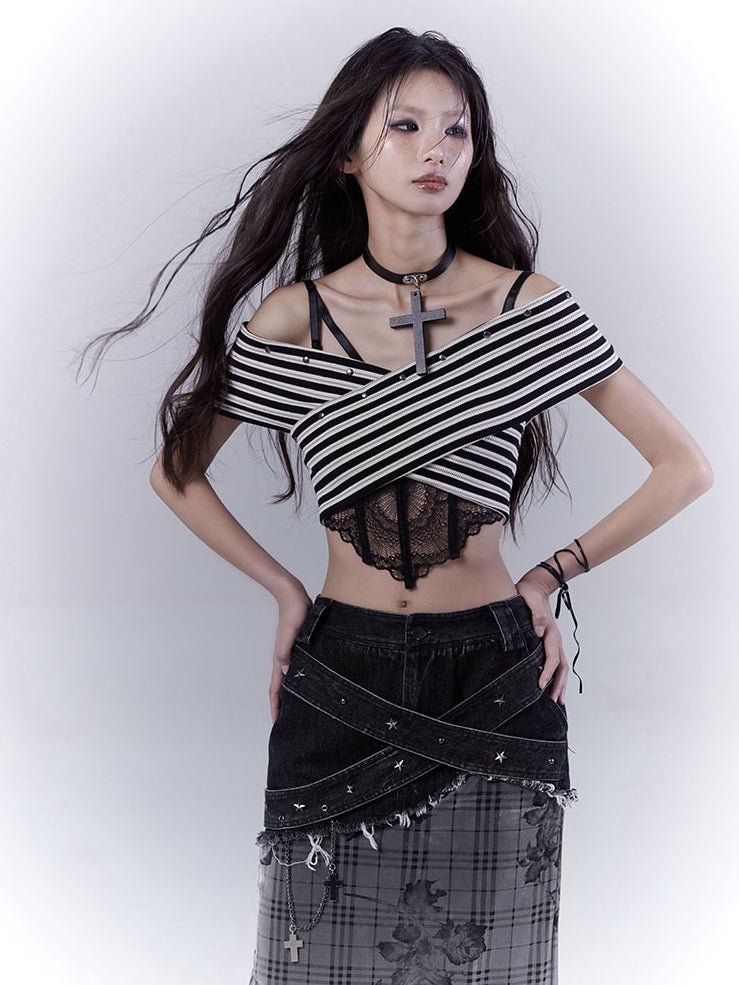 Black and White Off-the-shoulder Neckline Studded Striped Strapless Top