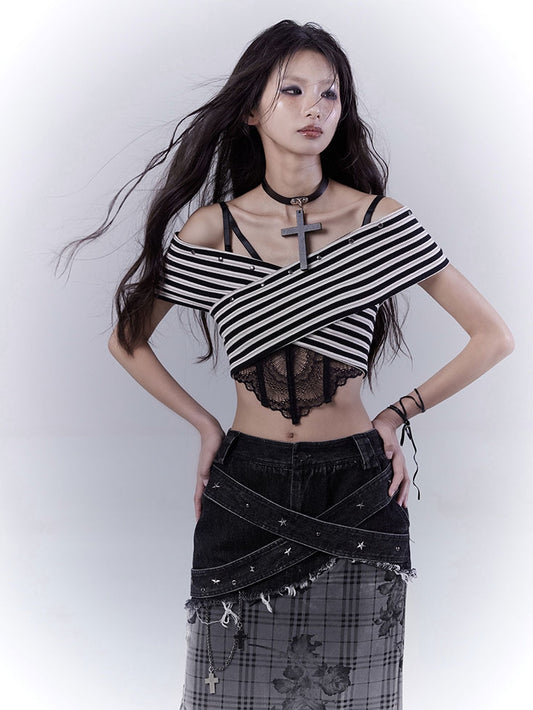 Black and White Off-the-shoulder Neckline Studded Striped Strapless Top