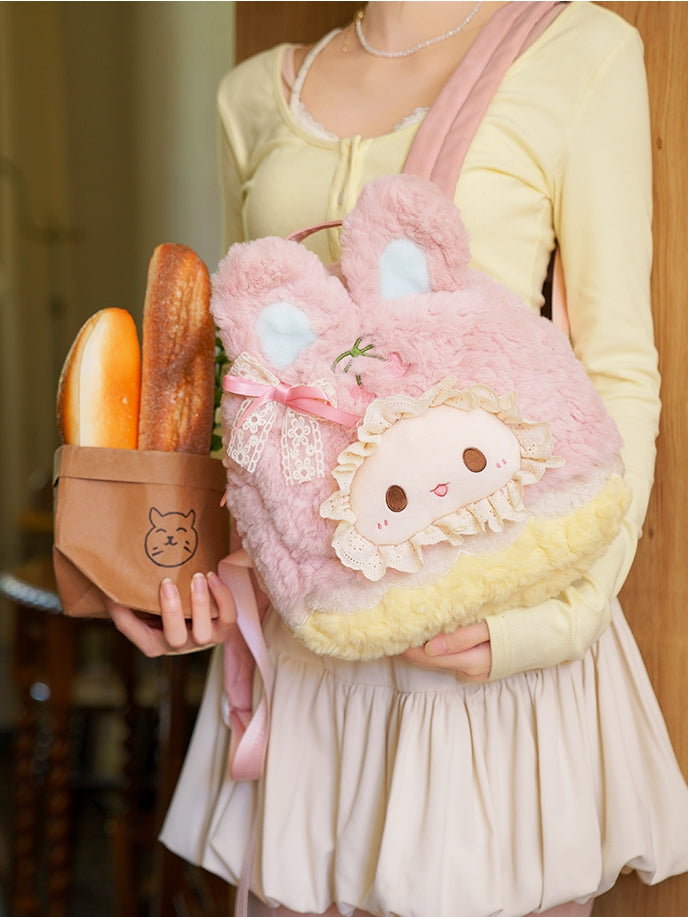Pink&Yellow Cute Bowknot Decorated Plush Rabbit Backpack