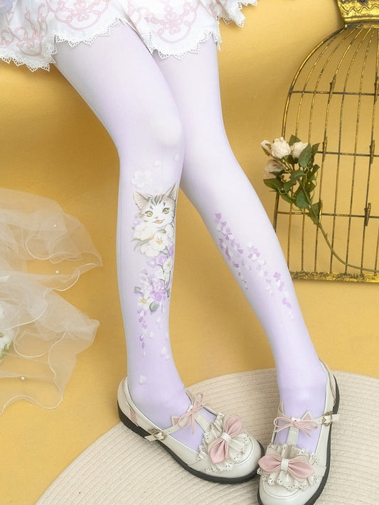 Purple/Blue Kitty Floral Print Tights