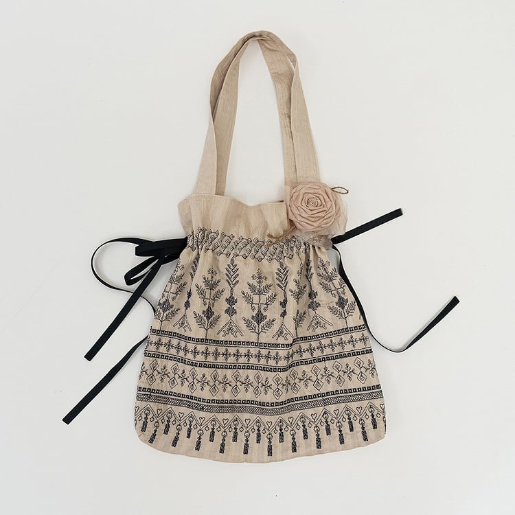 Brown / Blue Vintage Embroidery Handbag with Floral Brooch