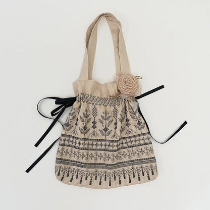 Brown / Blue Vintage Embroidery Handbag with Floral Brooch