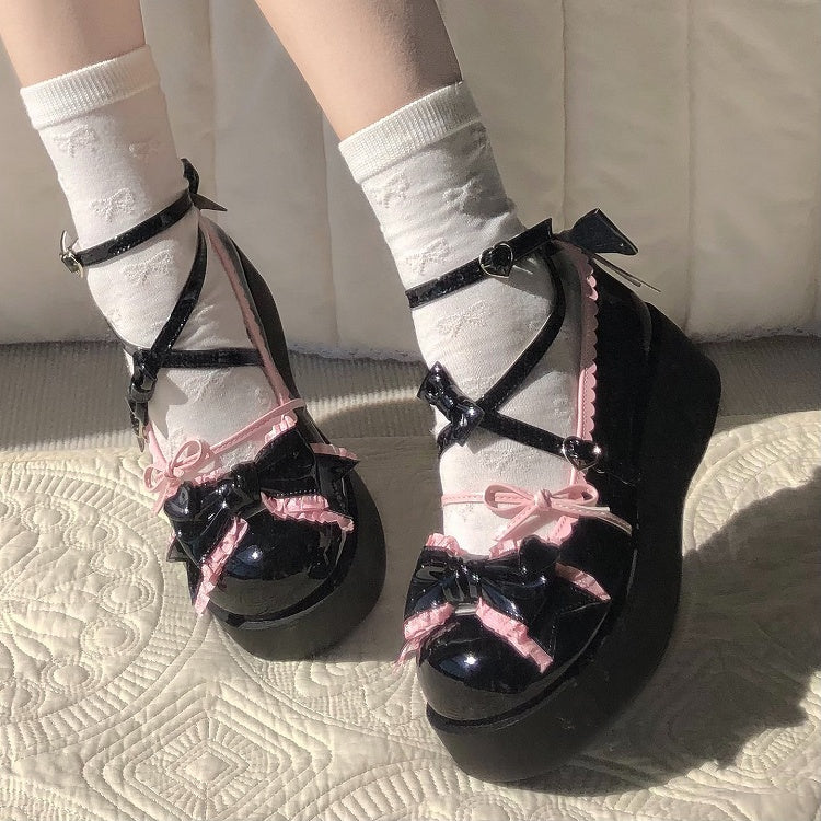 5CM Black & Pink Bow at Top Crisscross Design Sweet Lolita Platforms